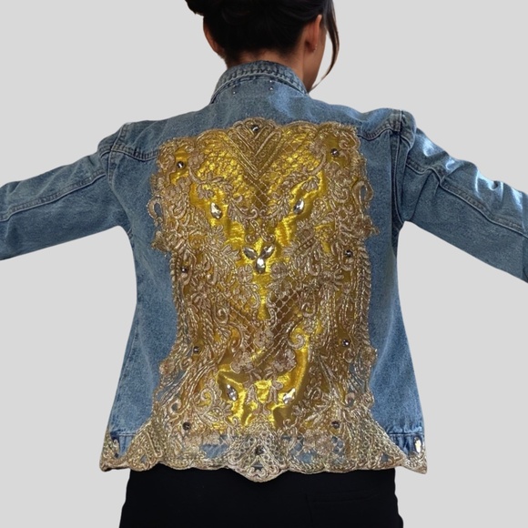 Denim Jacket Hand Embellished with Beaded Applique Panel (Size: M) - Picture 1 of 7